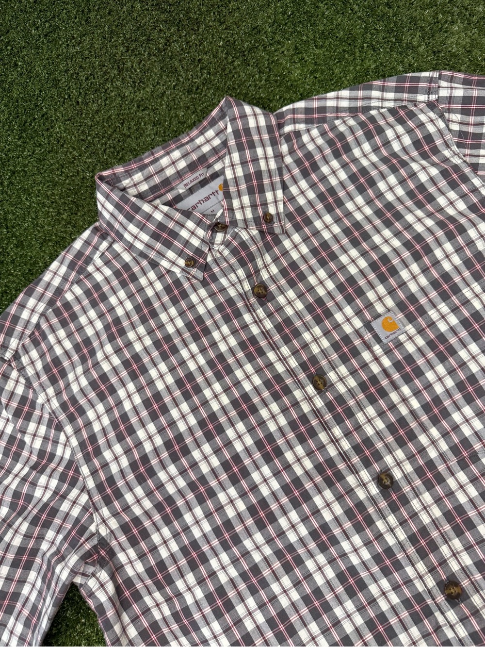 Carhartt 102536 Essential Short Sleeve Button Down Plaid Shirt Grey Red M